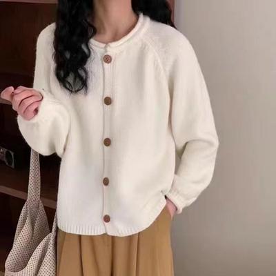 Вязаный кардиган новый однобортный свободный круглый вырез корейской версии утягивающий красный свитер куртка с подвернутыми краями