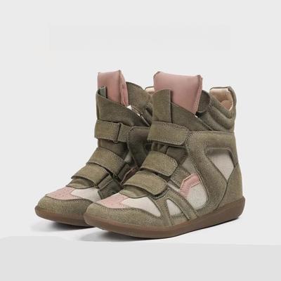 Женские кожаные кроссовки хайтопы на липучке, повседневная спортивная обувь, внутренняя высота 8 см, новый осенний стиль, круглый носок, резиновая подошва