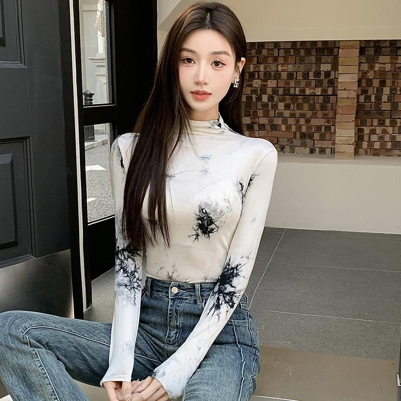 Women S Vintage Half High Neck Long Sleeve Tie Dye Print Base Top