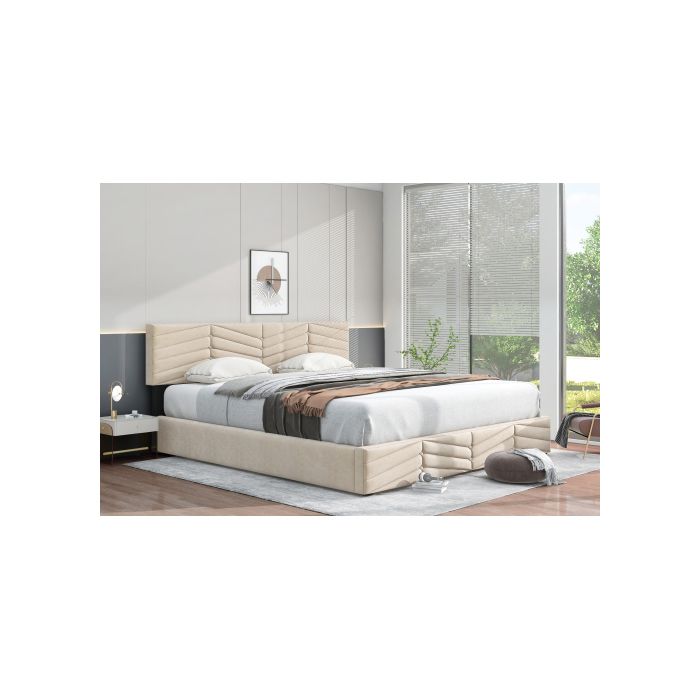 Lit capitonné - MUVOE - 180 x 200 - Tête de lit réglable - Beige - Design contemporain