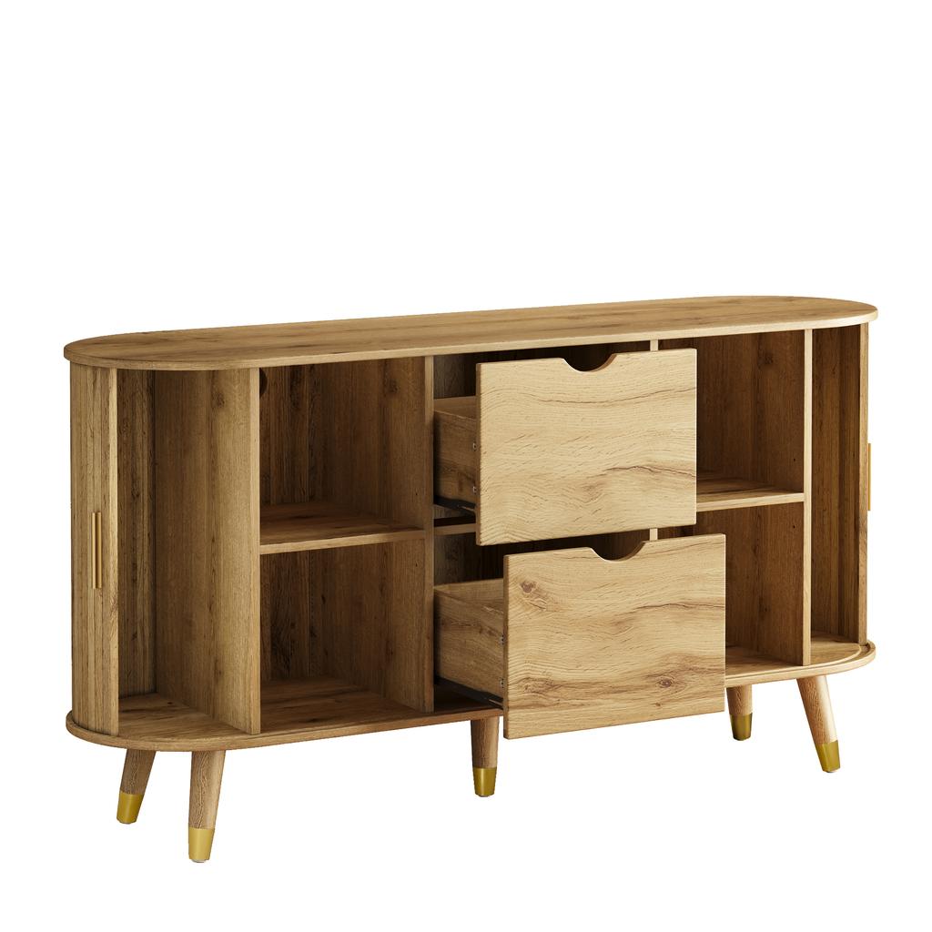 Sideboard with Vertical Grain, Two Sliding Doors, Two Drawers, Solid Wood Legs and Rounded Corner Cabinet for the Living Room.
