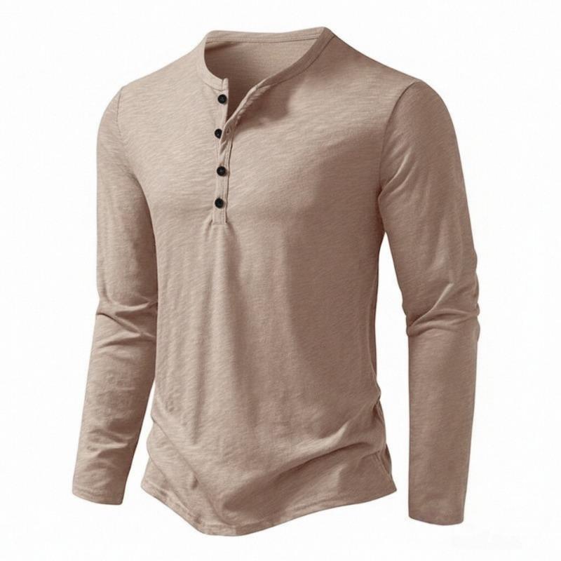 Мужская синяя меланжевая рубашка-henley с длинным рукавом, повседневный топ с пуговицами и круглым вырезом