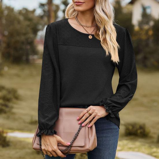 Женские топы с длинным рукавом и круглым вырезом, сетчатые топы, однотонные, дышащие, с рукавами-фонариками, повседневная футболка, повседневная одежда