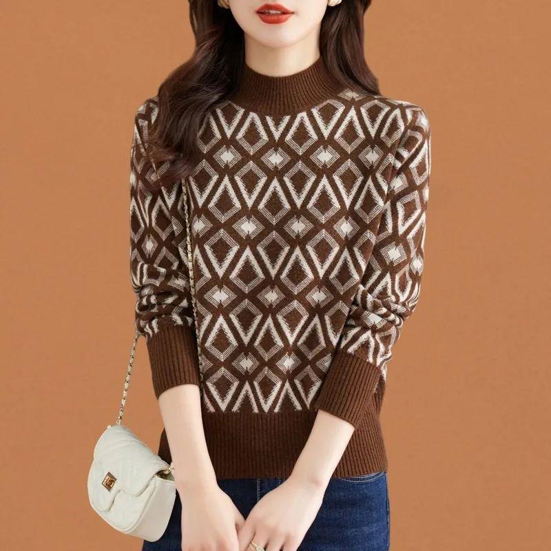 Жаккардовый короткий свитер, женский свободный вязаный свитер, осенне-зимний стильный трикотажный базовый свитер с полувысоким воротом