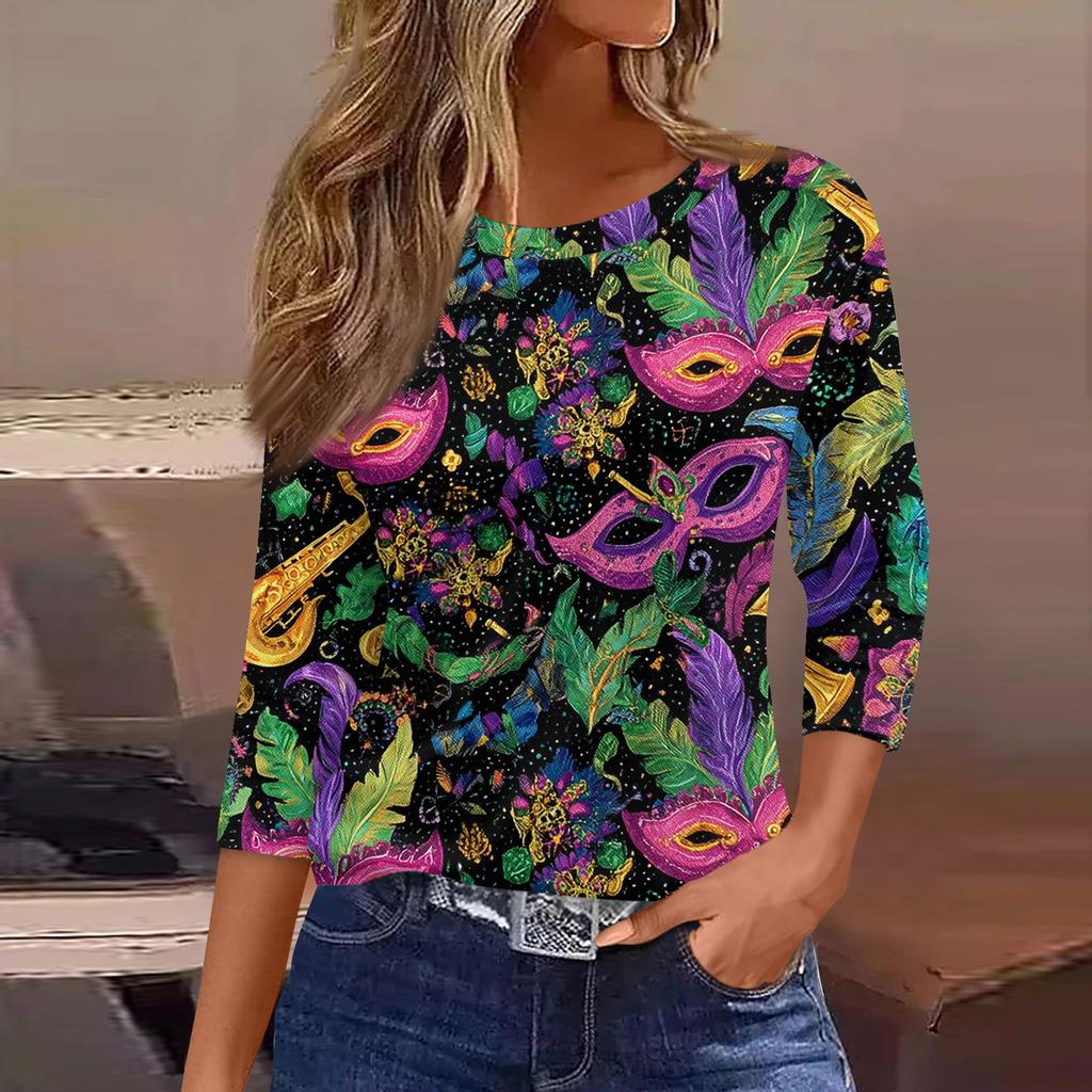 3/4 Length Sleeve Womens Tops Floral Print Vintage Fashion Casual Loose With Round Neck Plus Size Shirts
