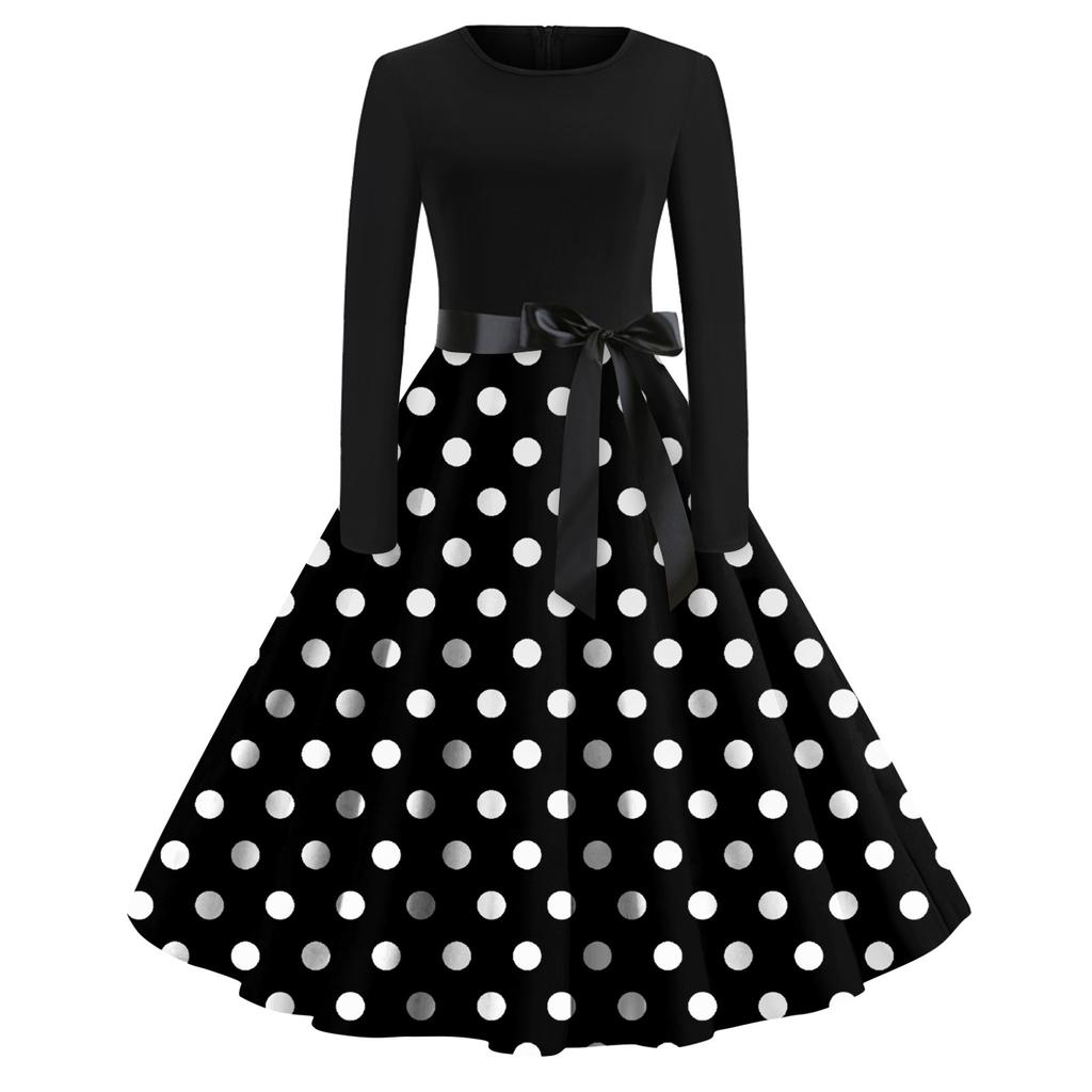 Women's Casual And Fashionable Long Sleeved R-neck Polka DotPrint Dress