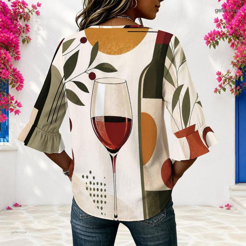 Womens Plus Size V Round Neck Mid Sleeve Front Button Relaxed Trendy Casual Weekend Ladies Top