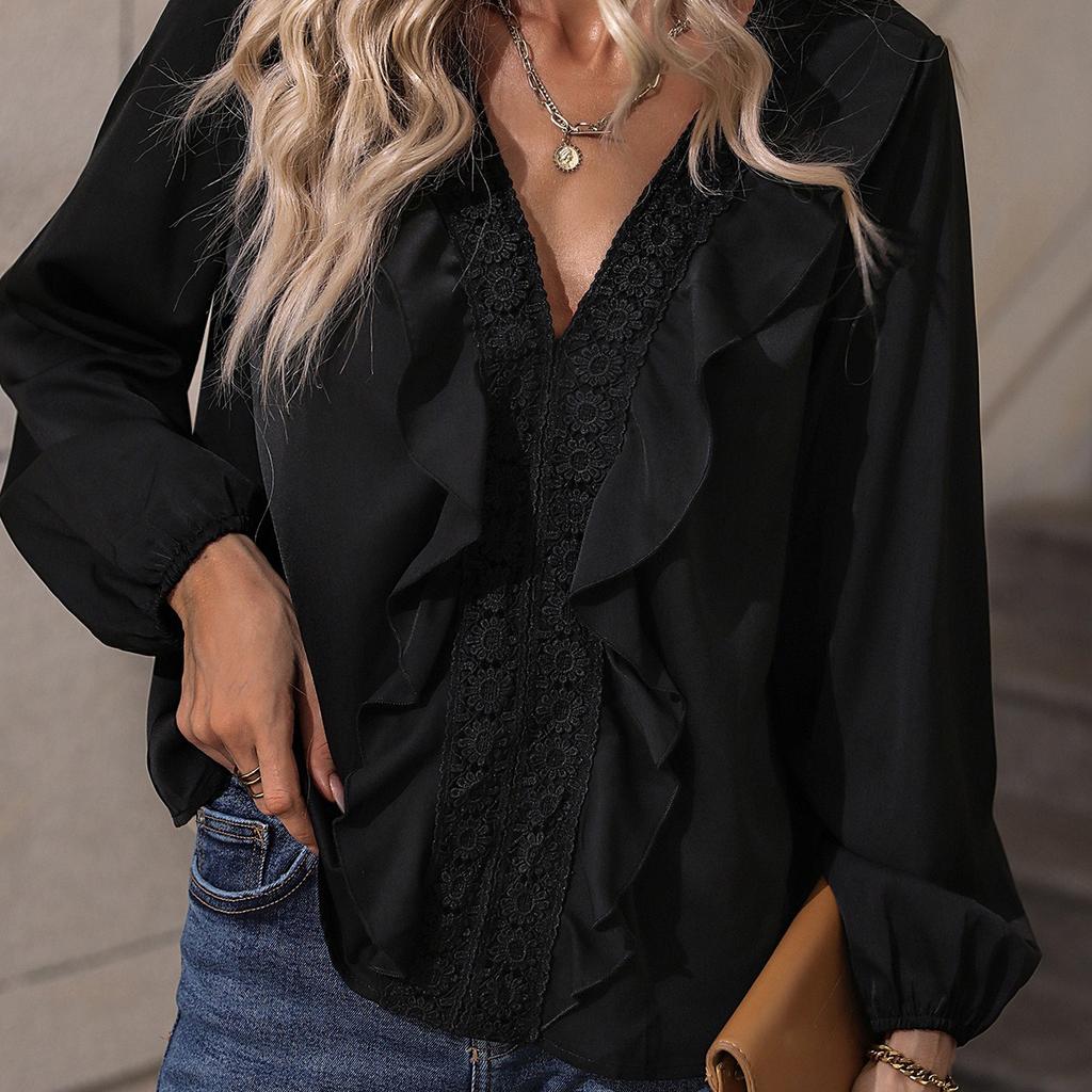 Women’s Summer Ruffled Lace Deep V-neck Shirt Long Lantern Sleeve Loose Shirt Solid Slim Casual Commute T-shirt Fashion Breathable Comfortable Top