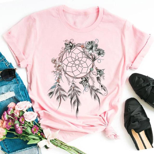 Harajuku женская футболка с принтом в виде перьев и цветов, женская новая черная футболка, женские милые графические футболки, женские повседневные топы, футболка