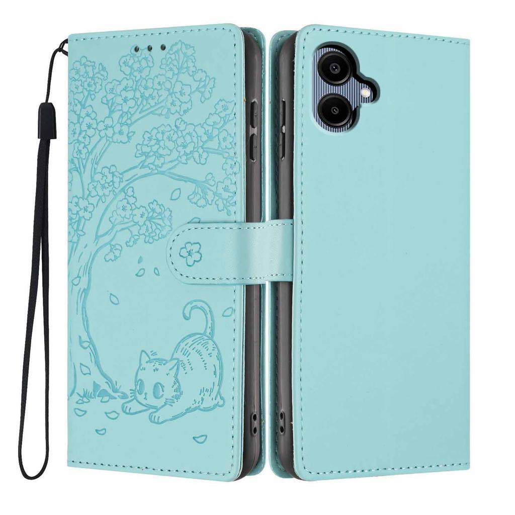 For Samsung Galaxy A06 4G Stand Case Tree-and-Cat Pattern PU Leather Wallet Protective Phone Cover with Wrist Strap