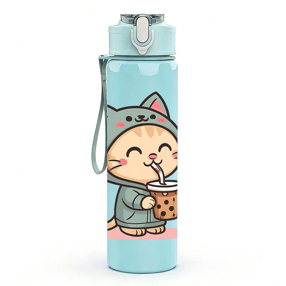 1PC Blue Hood Cat Coffee 750ml Color Plastic Sports Water Bottle Leakproof Flip Straw Lid Suitable for Sports Office Home Use