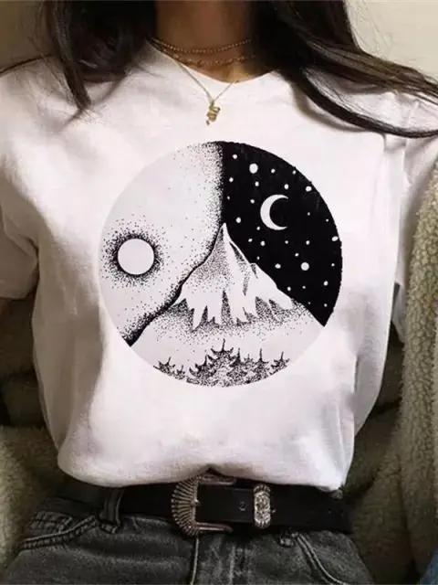 Футболка большого размера New Funny Moon Print, унисекс, белые и черные рубашки, модная футболка с круглым вырезом и коротким рукавом, летние футболки