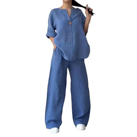 2 Pcs/Set Women Plus Size Shirt Trousers Set Solid Color Long Sleeves V Neck Blouse High Waist Loose Wide Leg Pants Set Casual Commute Outfit