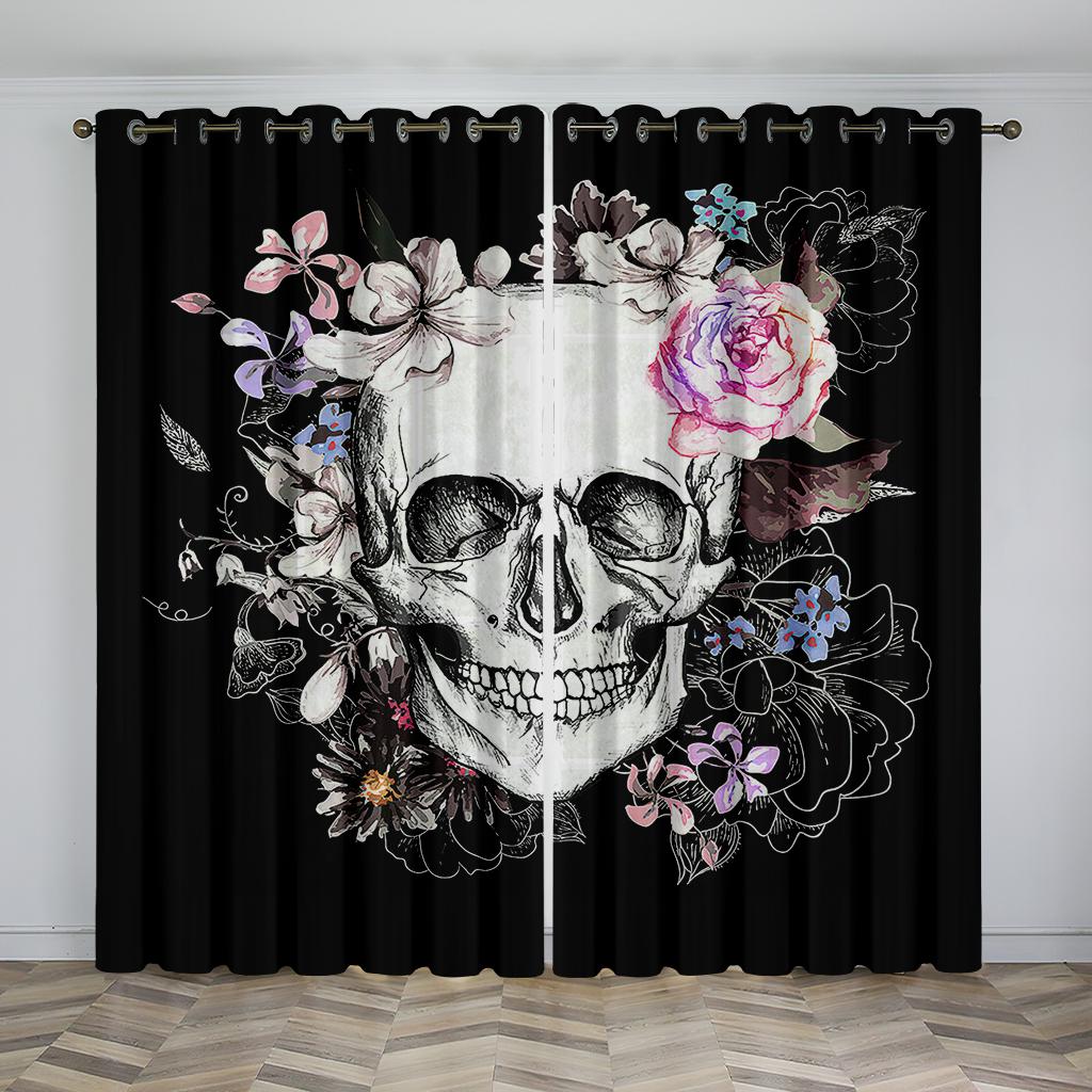 Personality 3D Printed Ebony Mystery Skull Rose Drapes 2 Panel Livingroom Space Bedchamber Balcony Study Decorative Drapes