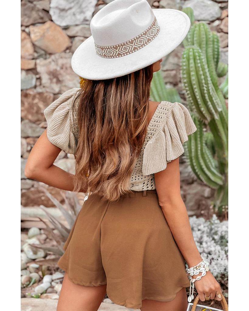 Azura Exchange Beige Pointelle Knit Flutter Sleeve Sweater