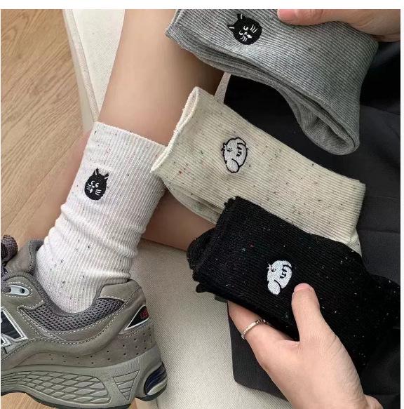 Cartoon Embroidery Women's Mid-Calf Cotton Socks - Cute Japanese Style, Polka Dot for Spring and Autumn