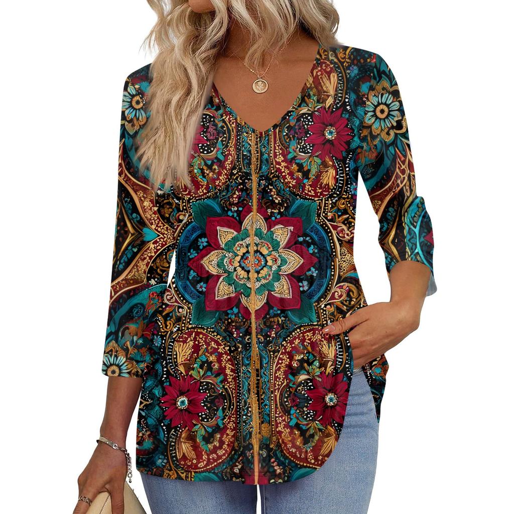 Women's T Shirt Print 3/4 Sleeve Fashion Basic V- Neck Regular Top