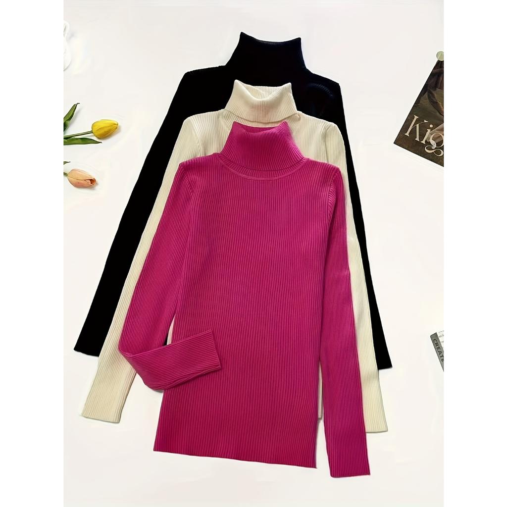 Водолазка, набор из 3 вязаных свитеров, повседневный однотонный свитер с длинным рукавом для осени и зимы, женская одежда