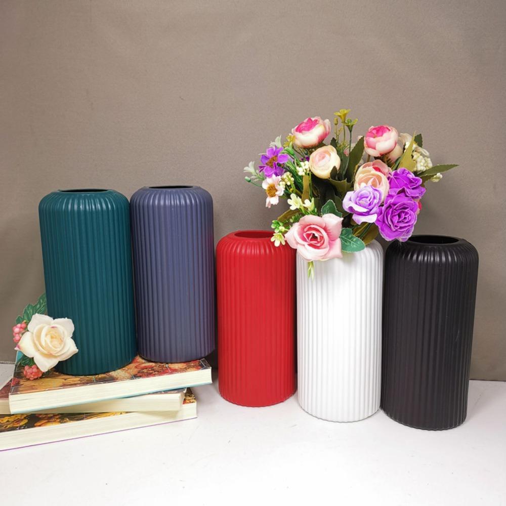 Striped Plastic Vase Ceramic-Like Flower Pot Container Floral Arrangement Living Room