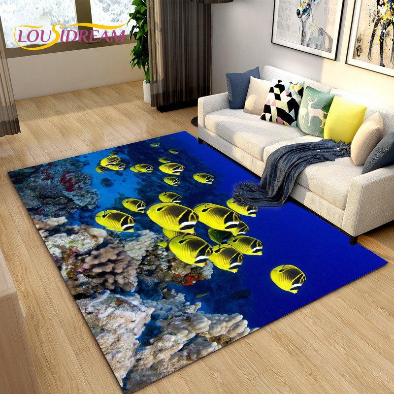 Подводный мир Морское дно Рыба Дельфин Коврик Большой, Коврик для гостиной Спальня Диван Коврик Кухня, Нескользящий напольный коврик