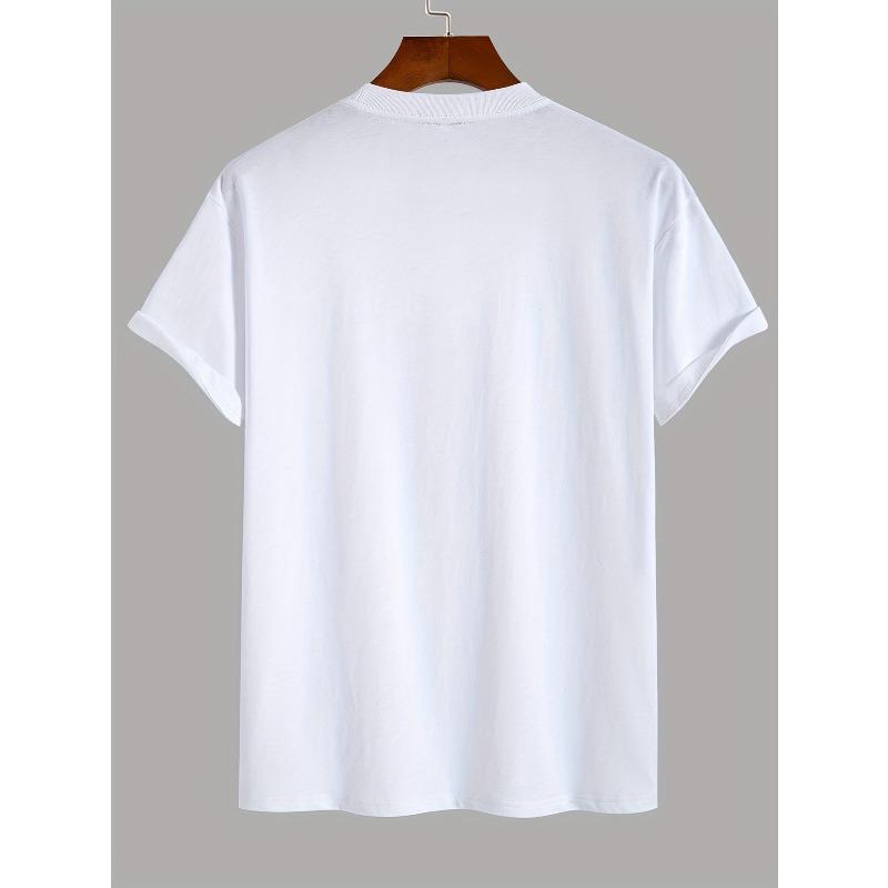 Мужская однотонная футболка с коротким рукавом, этническая футболка с карманами и случайным принтом на карманах, рубашка с коротким рукавом и круглым вырезом