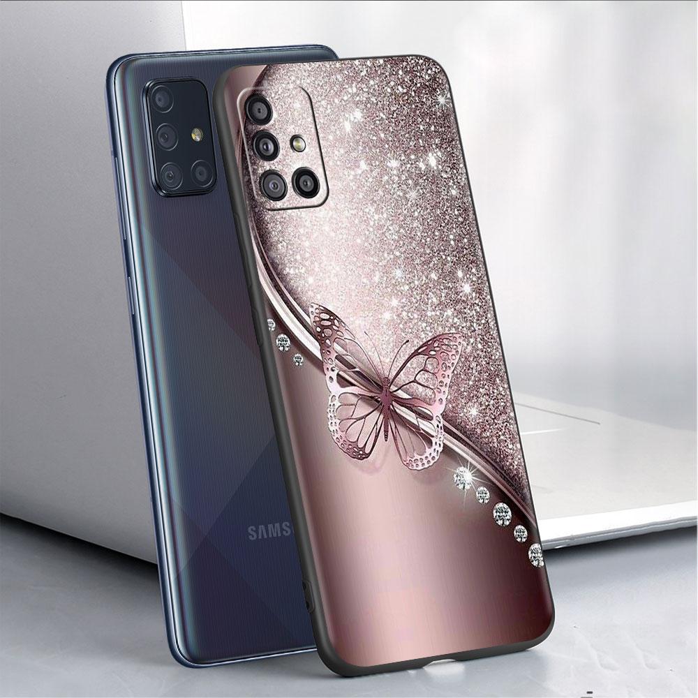 Case For Samsung Galaxy A52 A12 A32 A51 A21s A71 A13 A53 A22 A31 A72 A03 A02s A41 Black Phone Shell Beauty Pink Butterfly