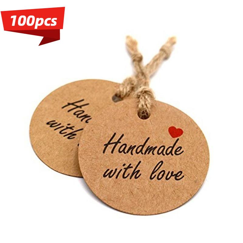 Бирки из крафт-бумаги с печатью «Сделано вручную с любовью», в комплекте 20,0 метров шпагата, пустые подарочные бирки для рукоделия, упаковки