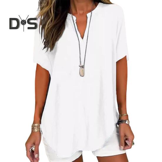 Женская рубашка с V-образным вырезом, коротким рукавом, свободный крой, повседневная рубашка, однотонная эластичная футболка, повседневная одежда