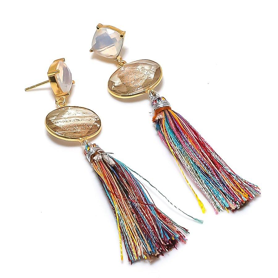 White Topaz, Opal Gemstone 925 Sterling Silver Jewelry Earring 3.15" KJ-945