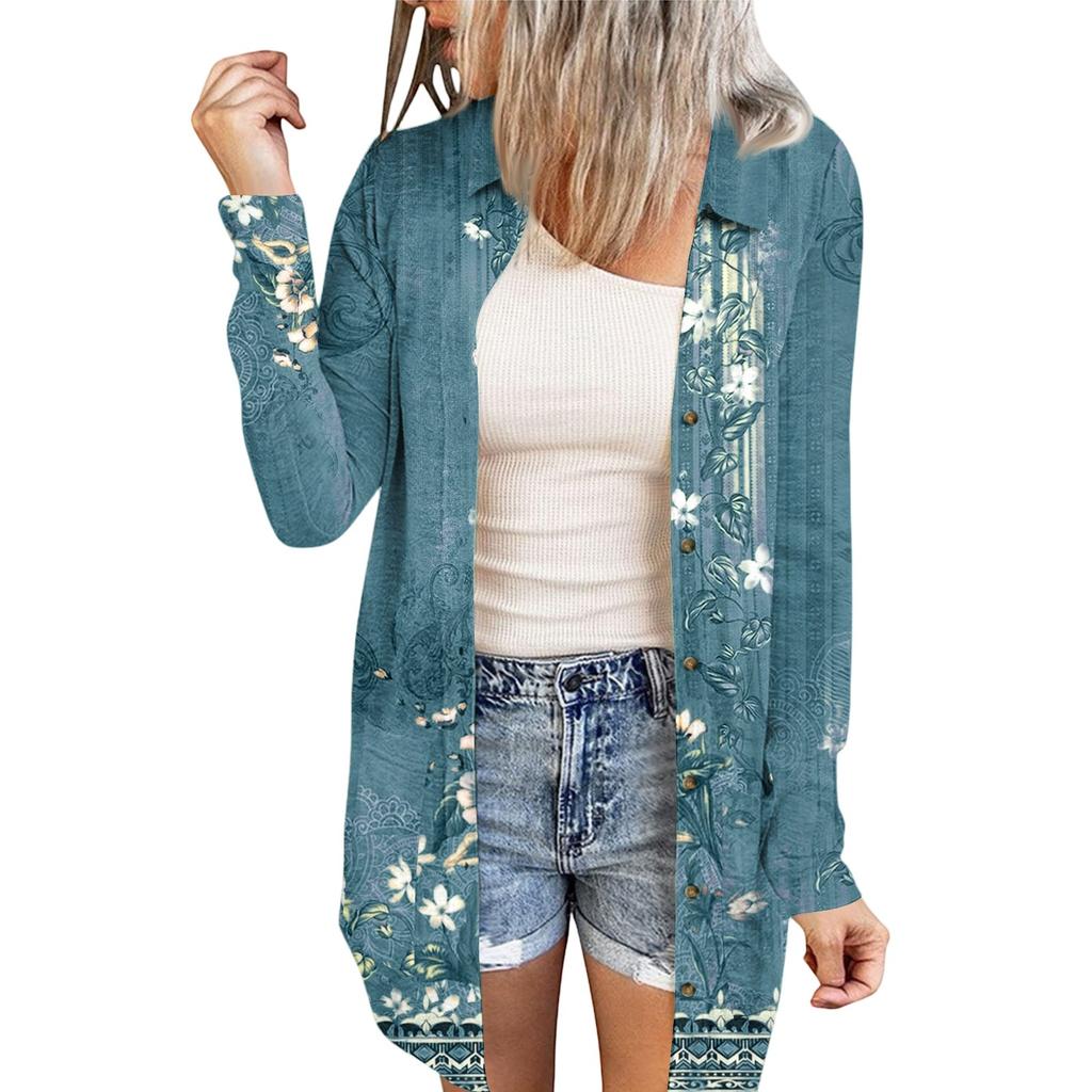 Women's Casual Fashion Floral Print Long Sleeve Mid-Length Cardigan Jacket