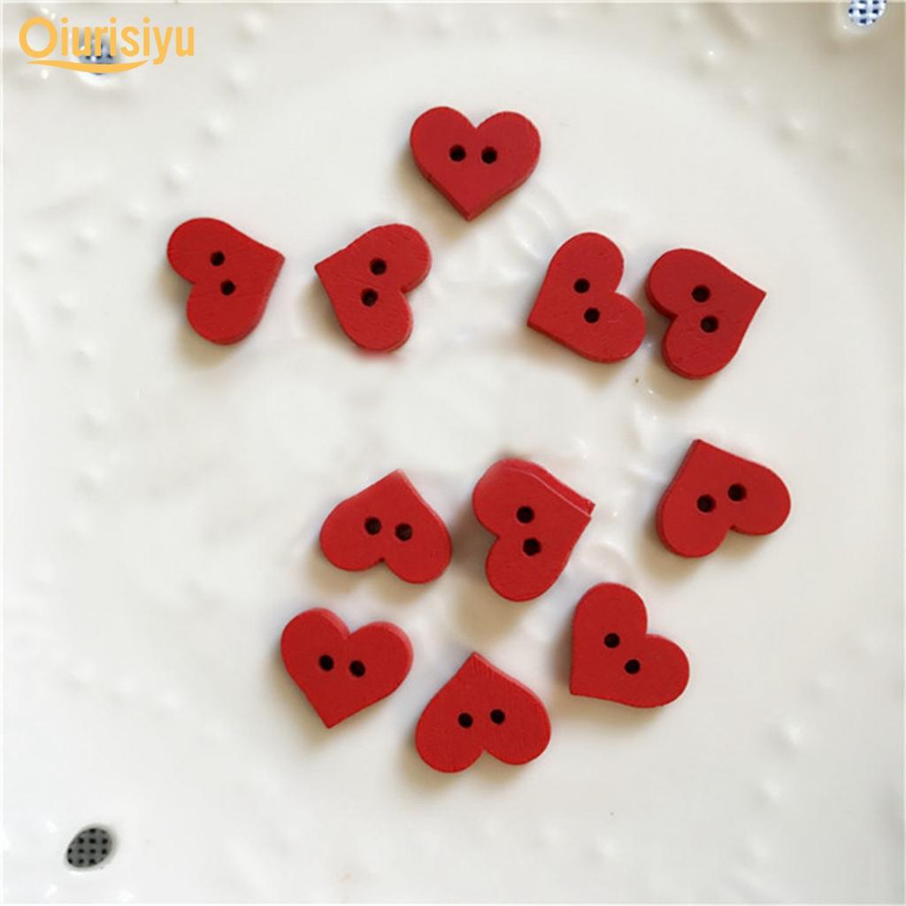 100Pcs 2 Holes Red Love Heart Wooden Button