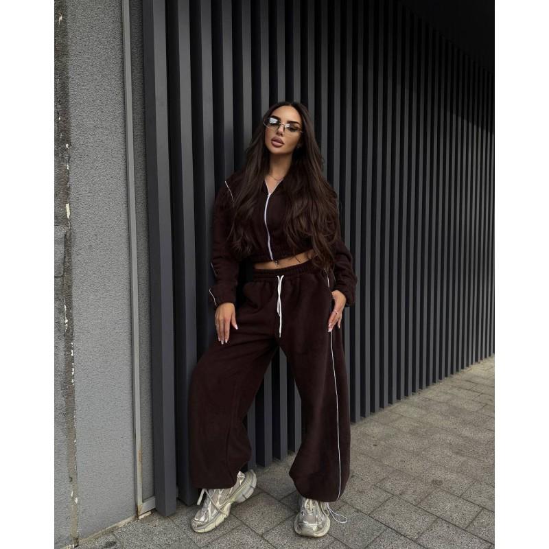 Womens Casual Fleece Two-Piece Set Long Sleeve Zip-Up Top With Drawstring Pants Striped Detail Streetwear