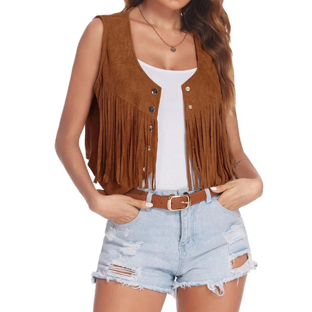 Women's Fashion Suede Buttonless Mid-Length Vest Solid Colour Vest Jacket