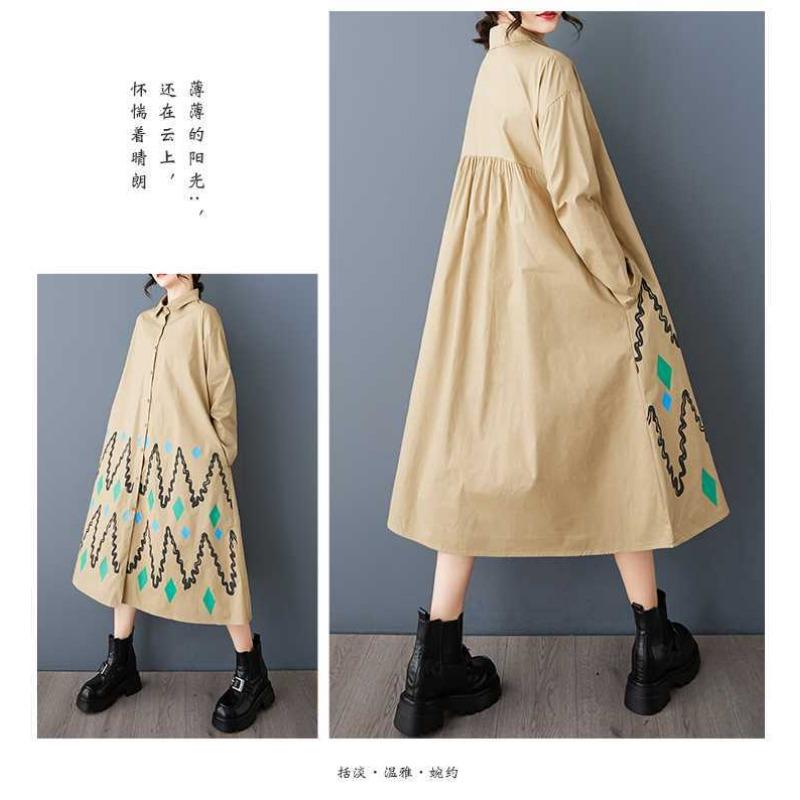 Свободные платья большого размера с принтом и сращиванием повседневные простые милые платья с длинным рукавом