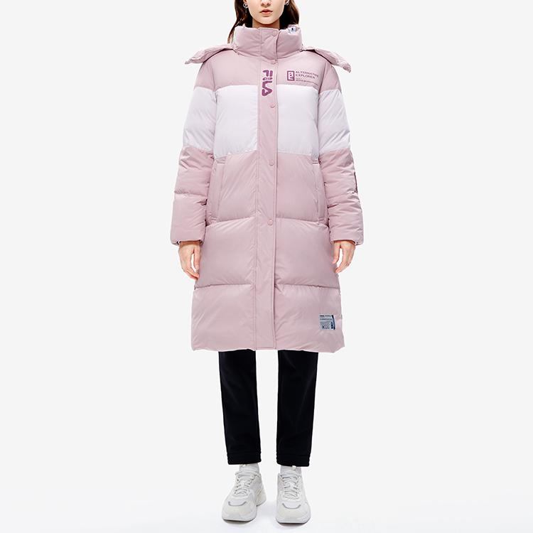 Fila X MIHARA Модная повседневная куртка-пуховик средней длины с капюшоном в стиле колор-блок Женская верхняя одежда Светло-фиолетовый Красный F11W243903F-PK