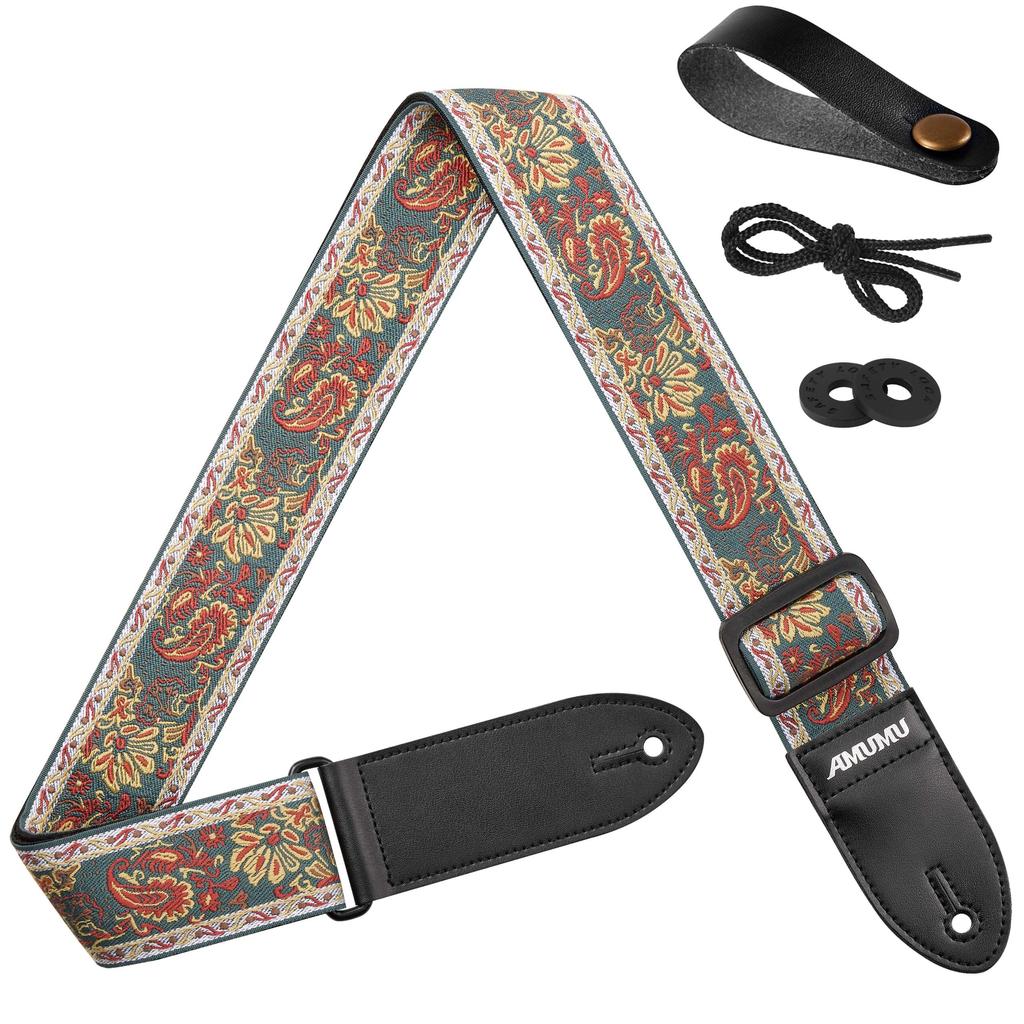 Amumu Guitar Strap 5cm Wide Vintage Paisley with Premium Leather Fits and Adjustable from 94cm To 160cm - Ends, Acoustic, Electric, Bass,
