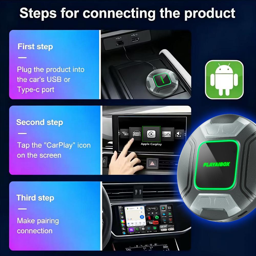 PlayAiBox Android 15 Система CarPlay Видеобокс 4G+64GB Поддержка HDMI Выхода с Огромным Количеством Приложений Беспроводной Адаптер для Youtube/Netflix