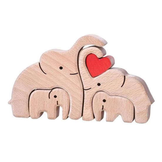 Wooden Elephant Family Puzzle Ornament Love Heart Mother Father Baby Elephant Jigsaw Table Sign Home Office Desktop Decoration