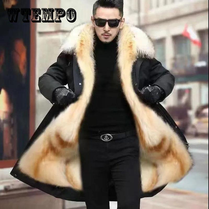 Зимняя парка больших размеров, мужская шуба с большим меховым воротником и капюшоном, флисовая теплая куртка, длинная