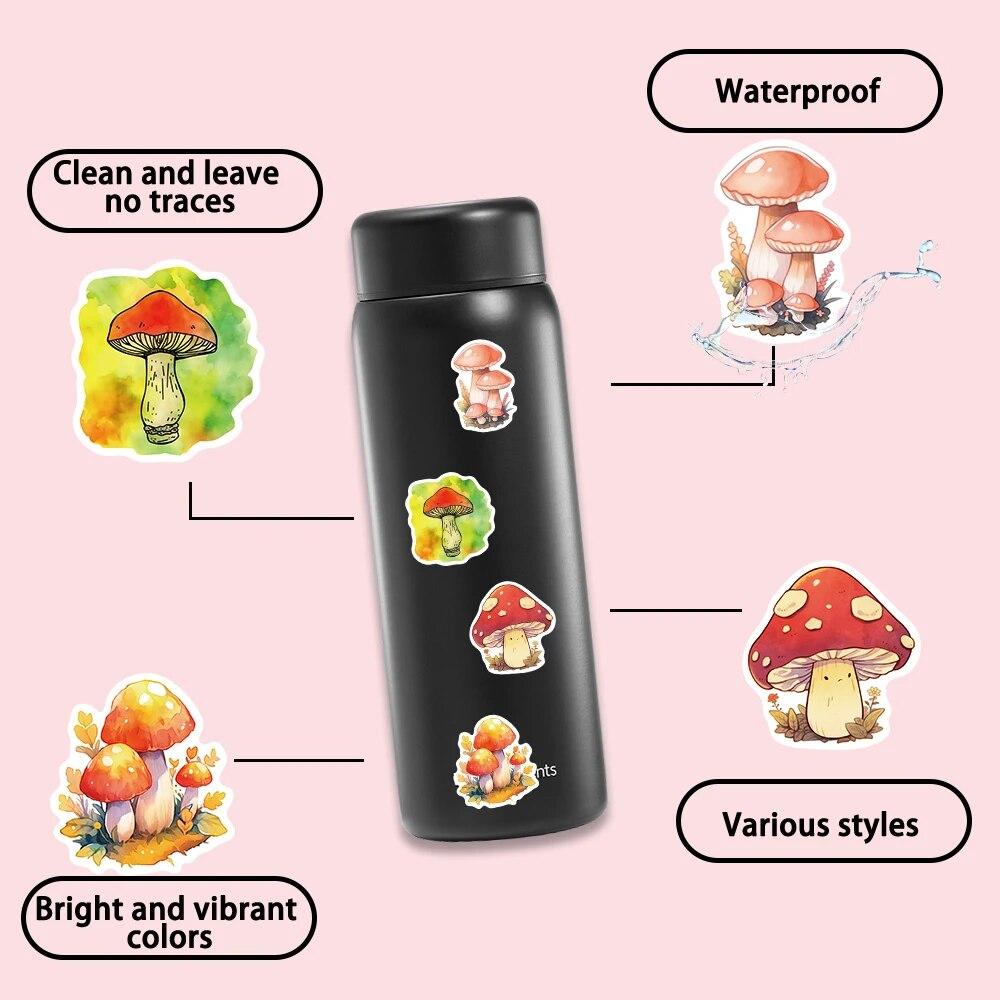 10/50PCS Cartoon Watercolor Mushroom Stickers Aesthetic Graffiti Stickers for DIY Luggage Laptop Skateboard Bicycle Stickers