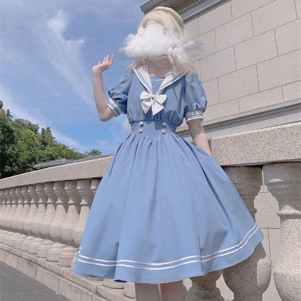 Soft Sister Cute Lolita Dress Women Sweet Puff Sleeve Slim Student Dresses Party Retro Girls Bow Salior Collar Vestidos