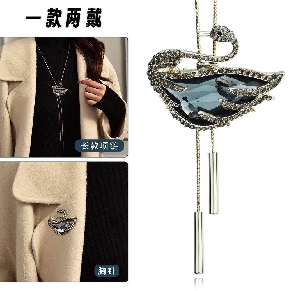 Suijue Pearl Sweater Chain Two Wear Crystal Flower Long Necklace Titanium Steel National Style Two Wear Function