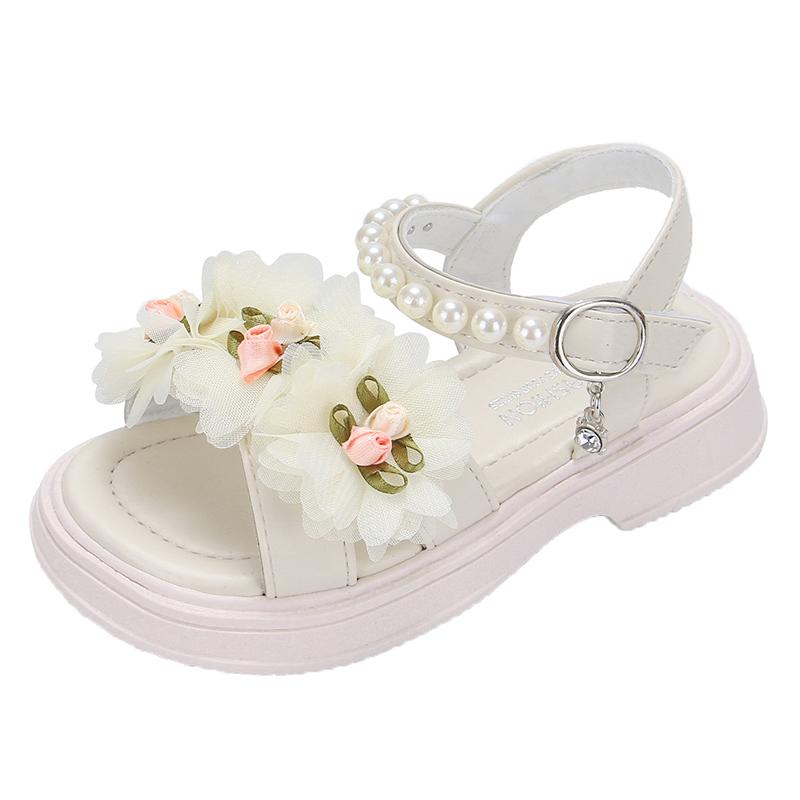 Сандалии с цветами для девочек, детская милая обувь принцессы для вечеринки, свадьбы, детские кожаные сандалии во французском стиле, шикарная летняя мода 2024, новинка 2024 года