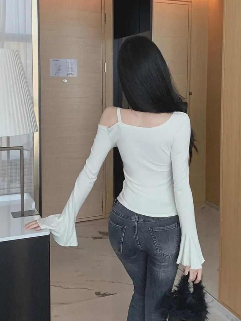 Рубашка с открытыми плечами, на кулиске, облегающего кроя, с длинным рукавом для женщин