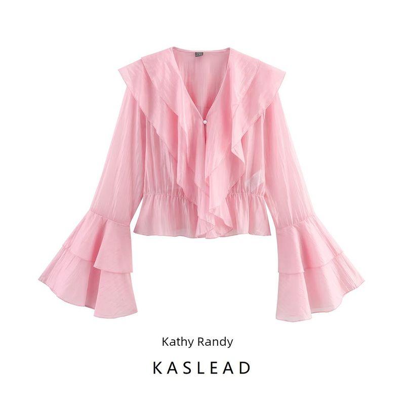 Kaslead New Arrival Women's Clothing Fashion Style Fashion Simple All-Match Long Sleeves Multi-Layer Ruffles V Neck Tops