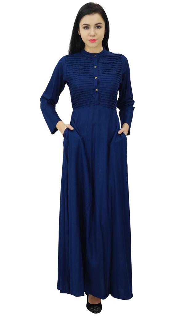 Bimba Women's Long Sleeve Maxi Mandarin Collar Plain Jilbab Dress With