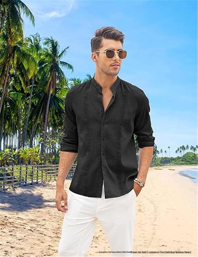Men's Casual Cotton Linen Stand Collar Shirt - European & American Style for Summer Beach Vacation 2026