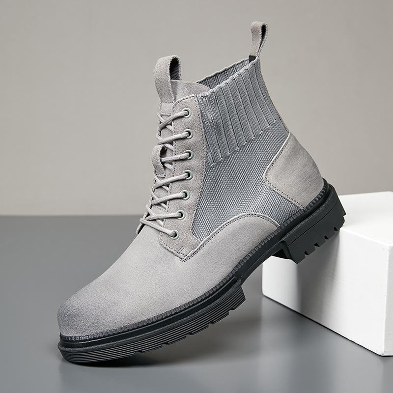 Men's Trendy British-Style Genuine Leather Lace-Up Martin Boots, Thick Sole, High Top, Elastic Design, Suitable for Outdoor Hiking.