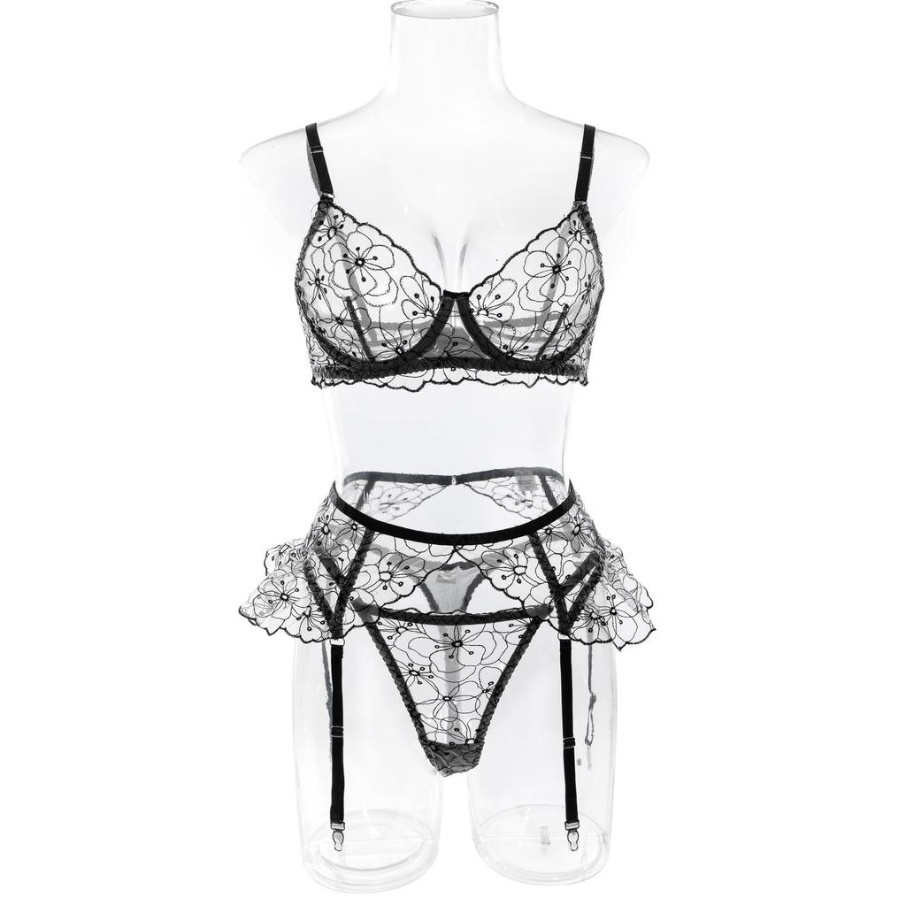 2023 European and American Embroidered Ruffle Lingerie Set with Steel Ring