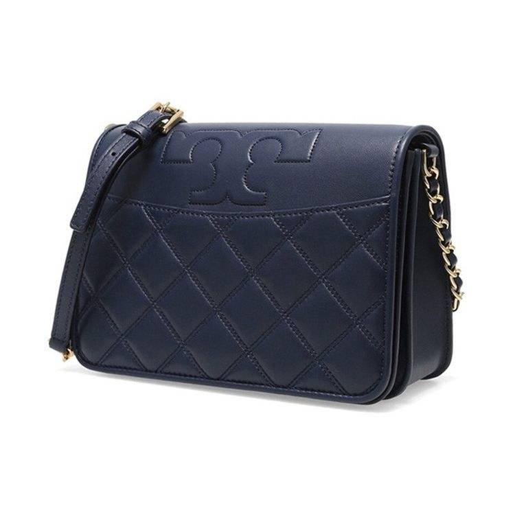 Tory Burch Fleming Quilted Leather Plaid Flap Shoulder Crossbody Bag Medium Women bags Dark-Blue 73125-403